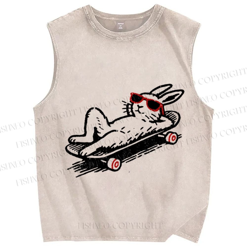 Unisex Chill Rabbit Bunny Skate Printed Washed Tank Top