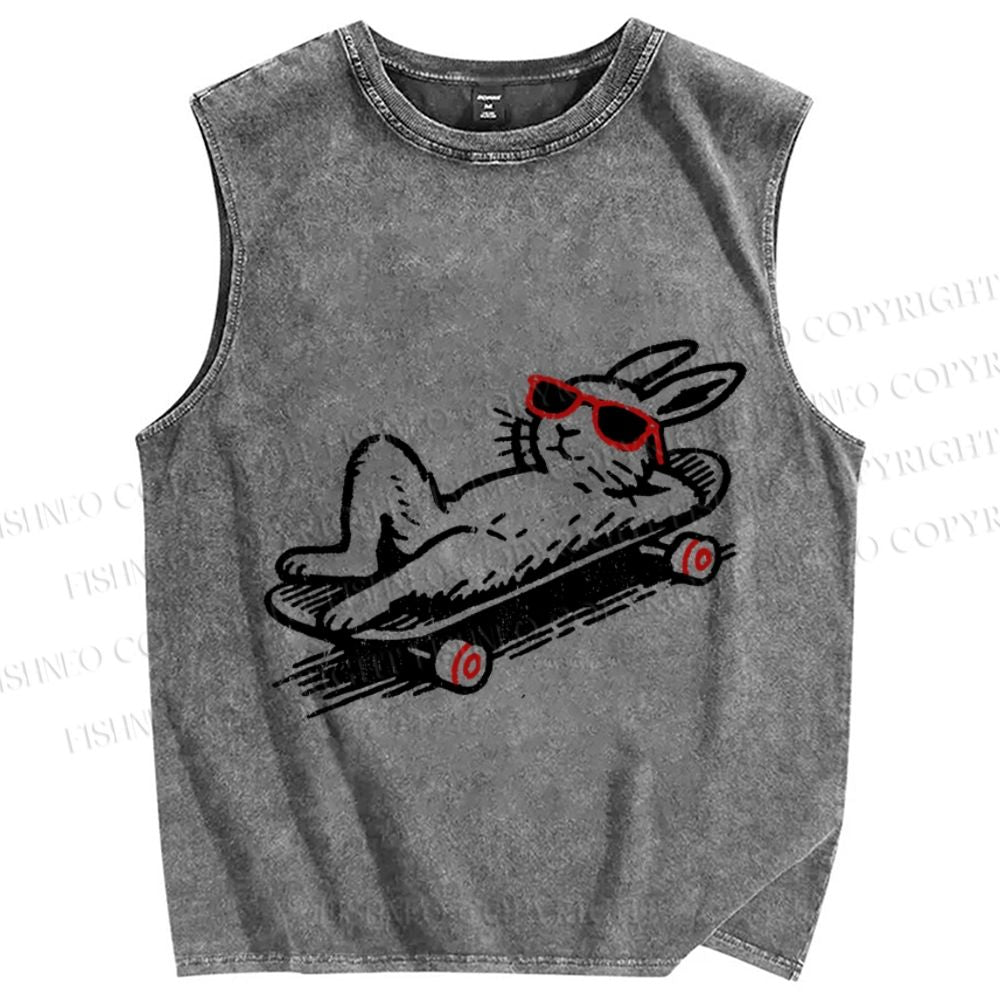 Unisex Chill Rabbit Bunny Skate Printed Washed Tank Top