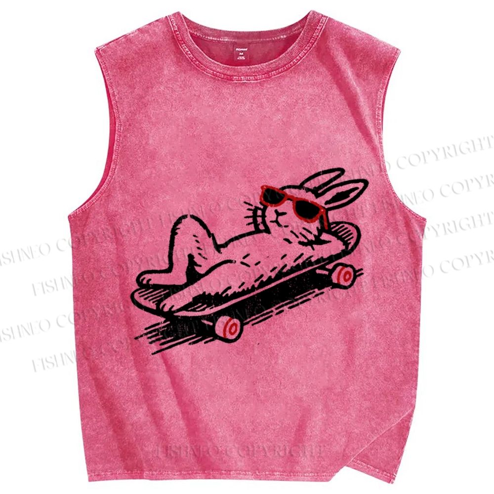 Unisex Chill Rabbit Bunny Skate Printed Washed Tank Top