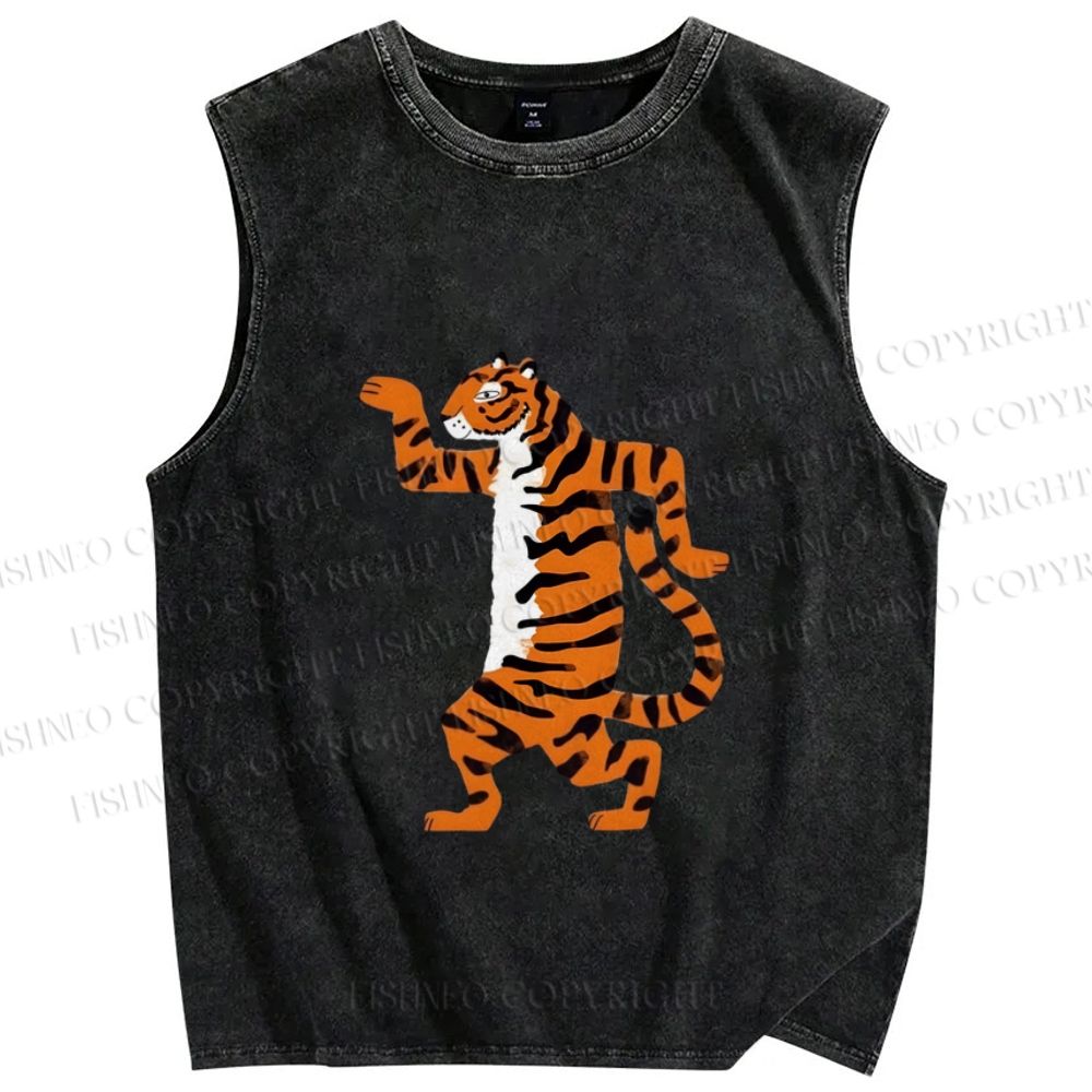 Unisex Funny Tiger Printed Washed Tank Top