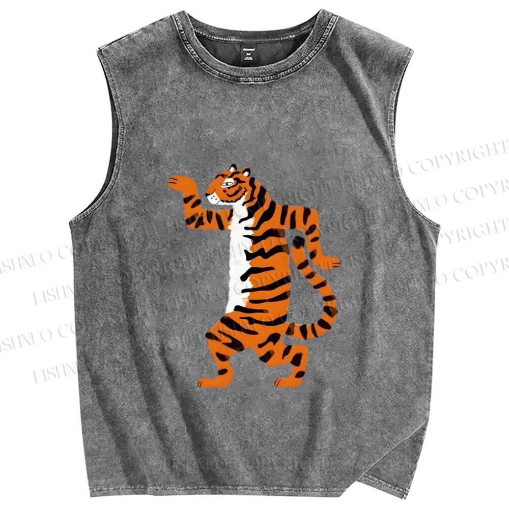 Unisex Funny Tiger Printed Washed Tank Top