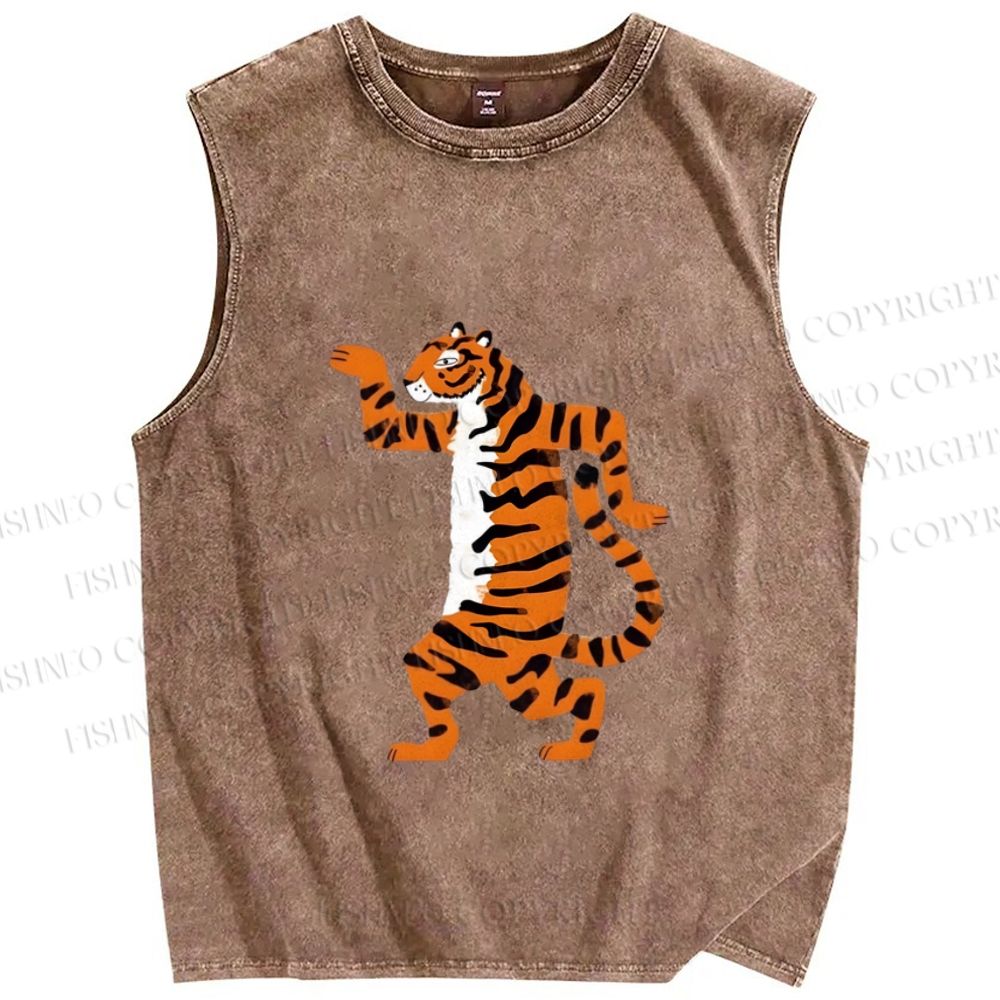 Unisex Funny Tiger Printed Washed Tank Top
