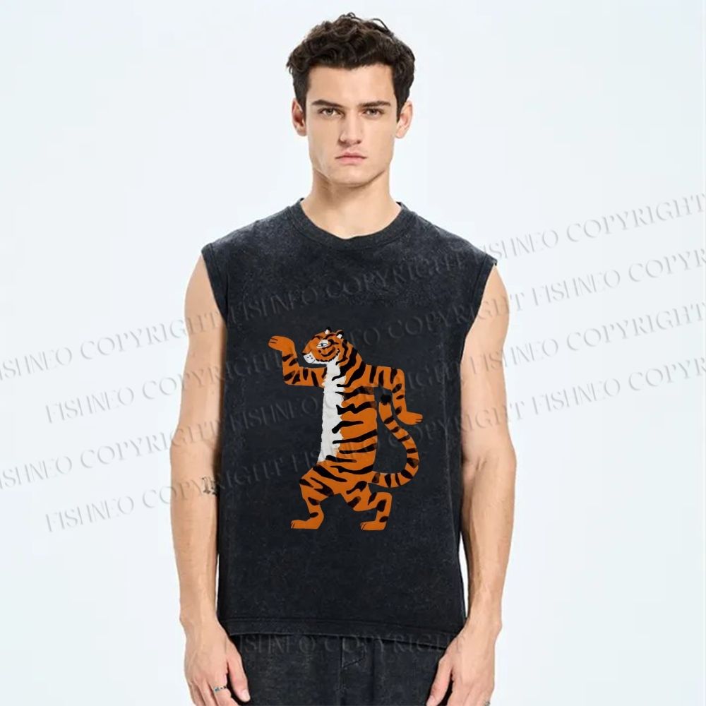 Unisex Funny Tiger Printed Washed Tank Top