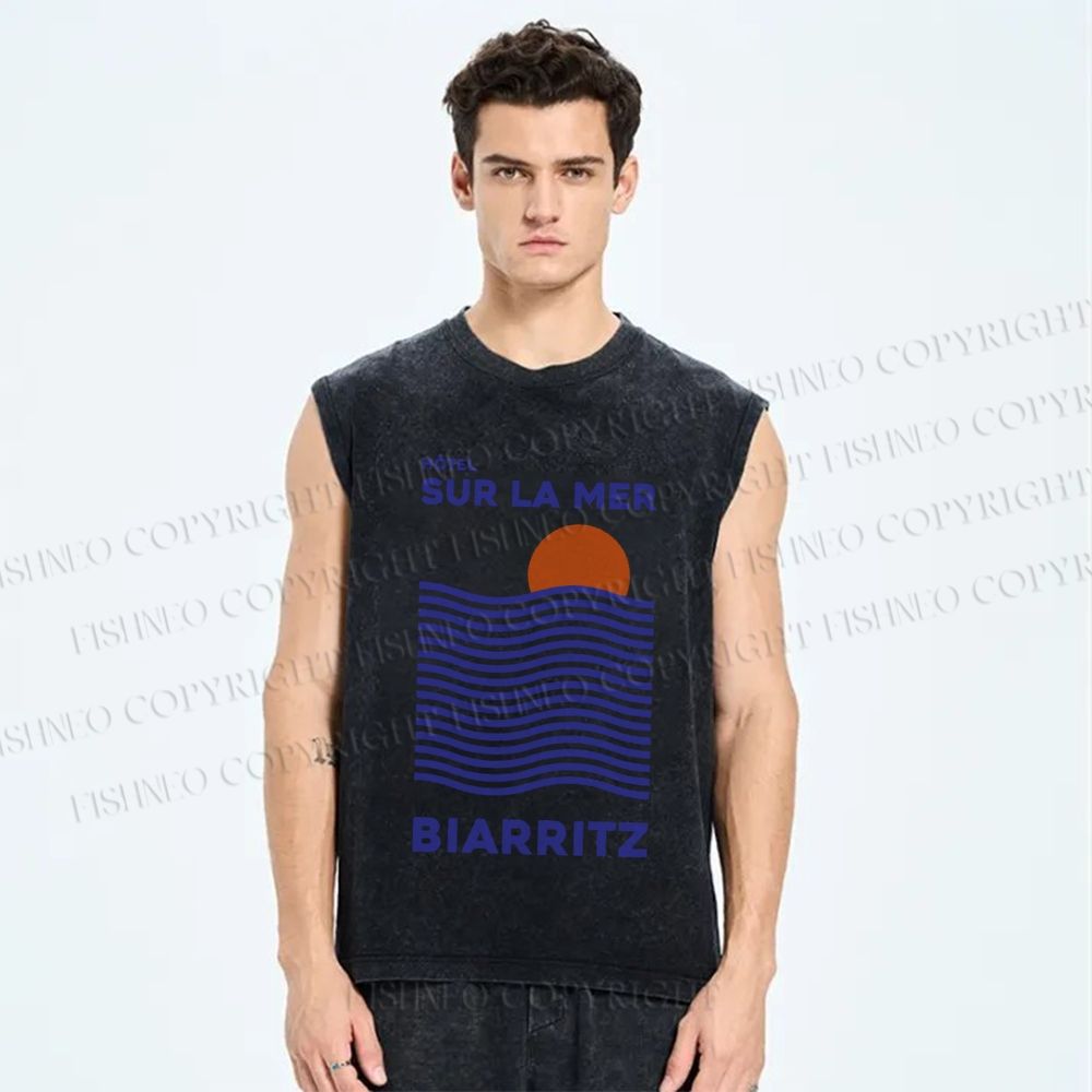 Unisex Sea Wave Printed Washed Tank Top