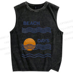 Unisex Beach Days Sea Wave Printed Washed Tank Top