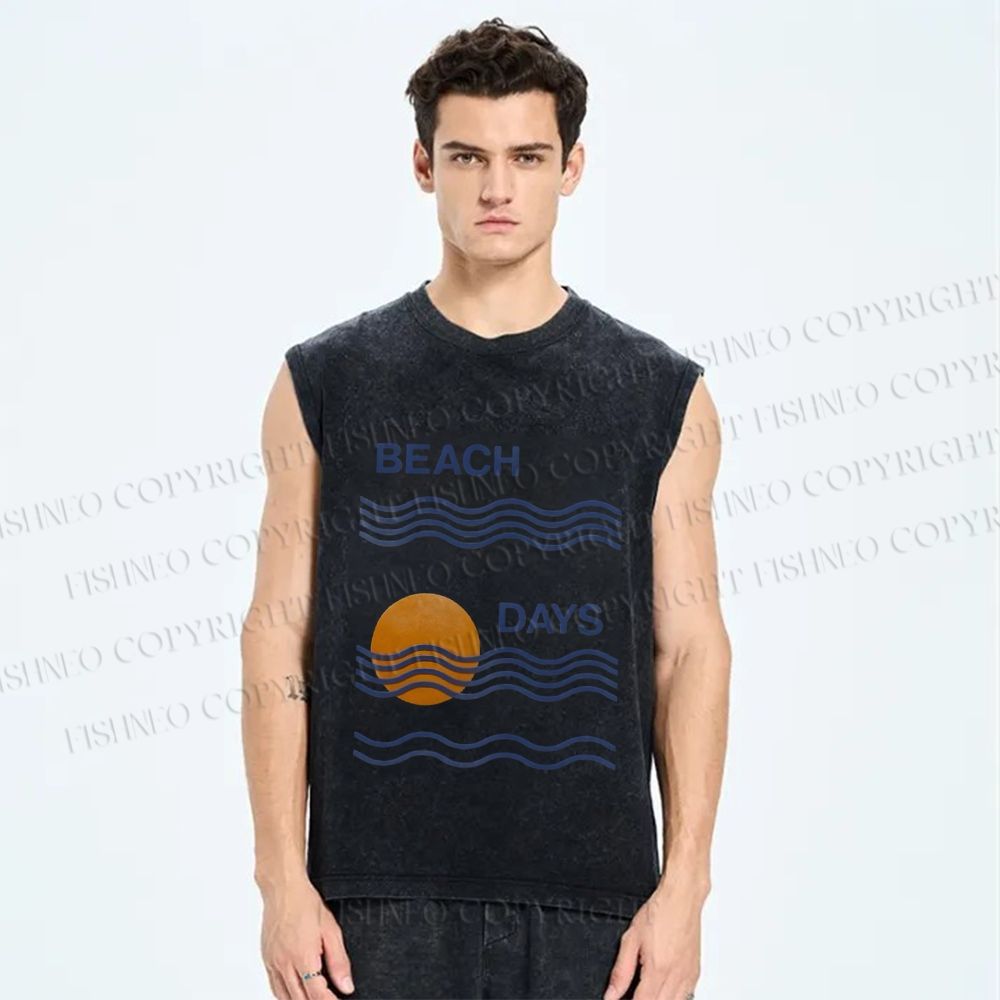 Unisex Beach Days Sea Wave Printed Washed Tank Top