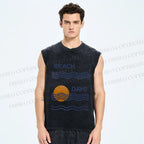 Unisex Beach Days Sea Wave Printed Washed Tank Top