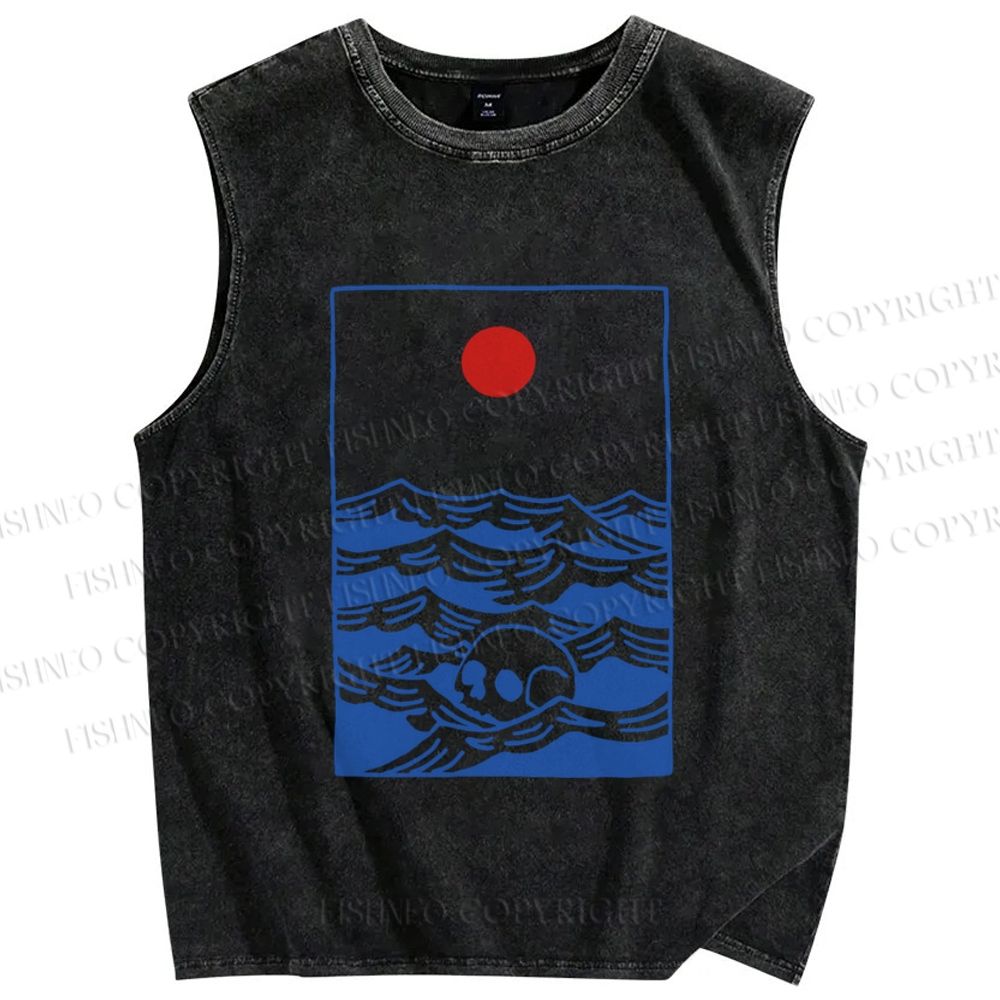Unisex Vintage Skull Wave Sun Printed Washed Tank Top