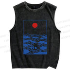 Unisex Vintage Skull Wave Sun Printed Washed Tank Top