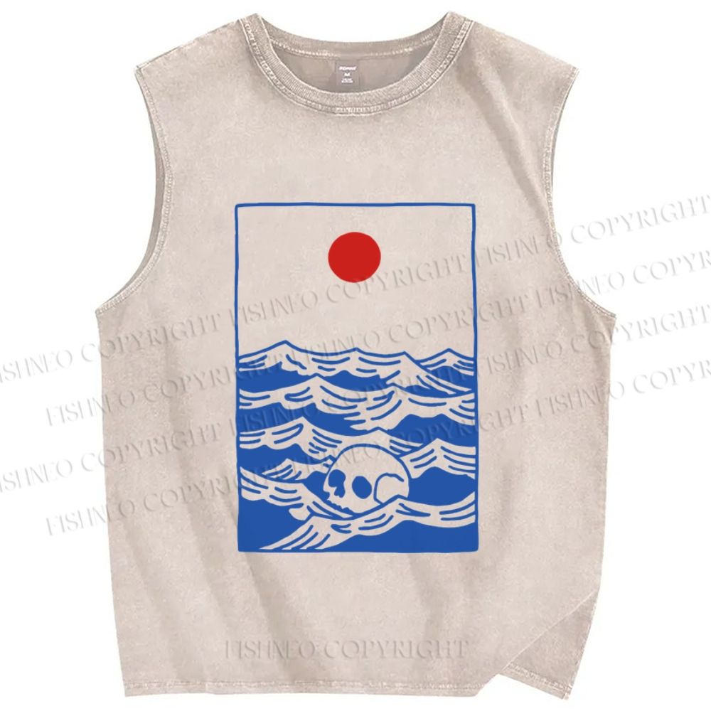 Unisex Vintage Skull Wave Sun Printed Washed Tank Top