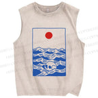 Unisex Vintage Skull Wave Sun Printed Washed Tank Top