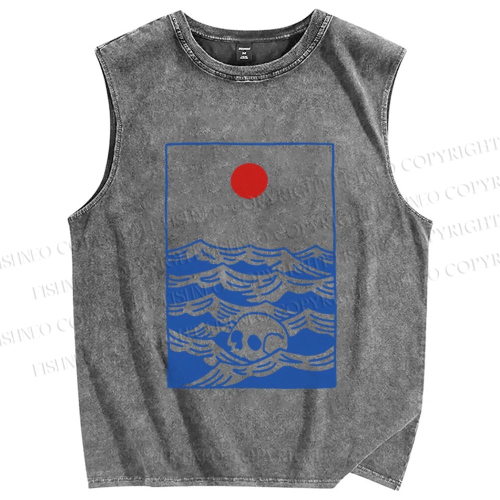 Unisex Vintage Skull Wave Sun Printed Washed Tank Top