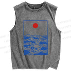 Unisex Vintage Skull Wave Sun Printed Washed Tank Top