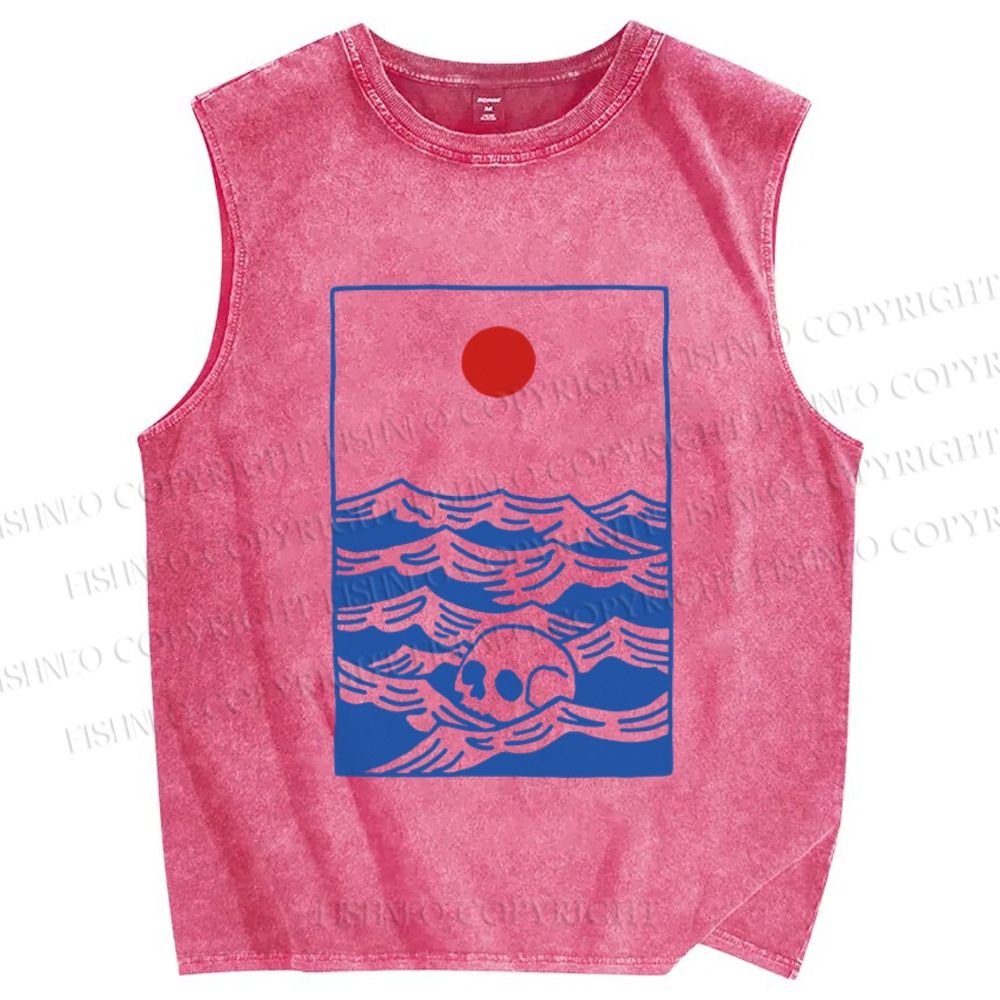 Unisex Vintage Skull Wave Sun Printed Washed Tank Top