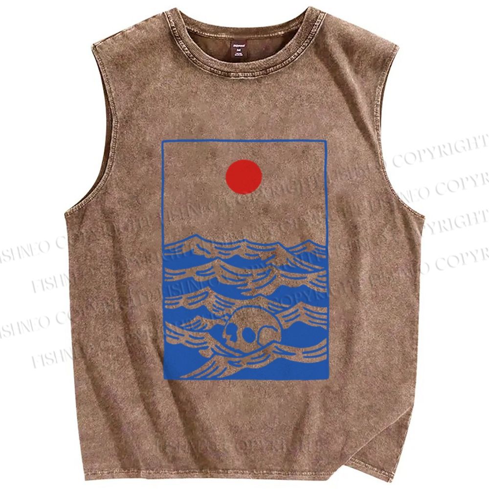 Unisex Vintage Skull Wave Sun Printed Washed Tank Top