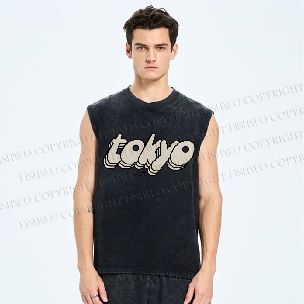 Unisex Tokyo Printed Washed Tank Top