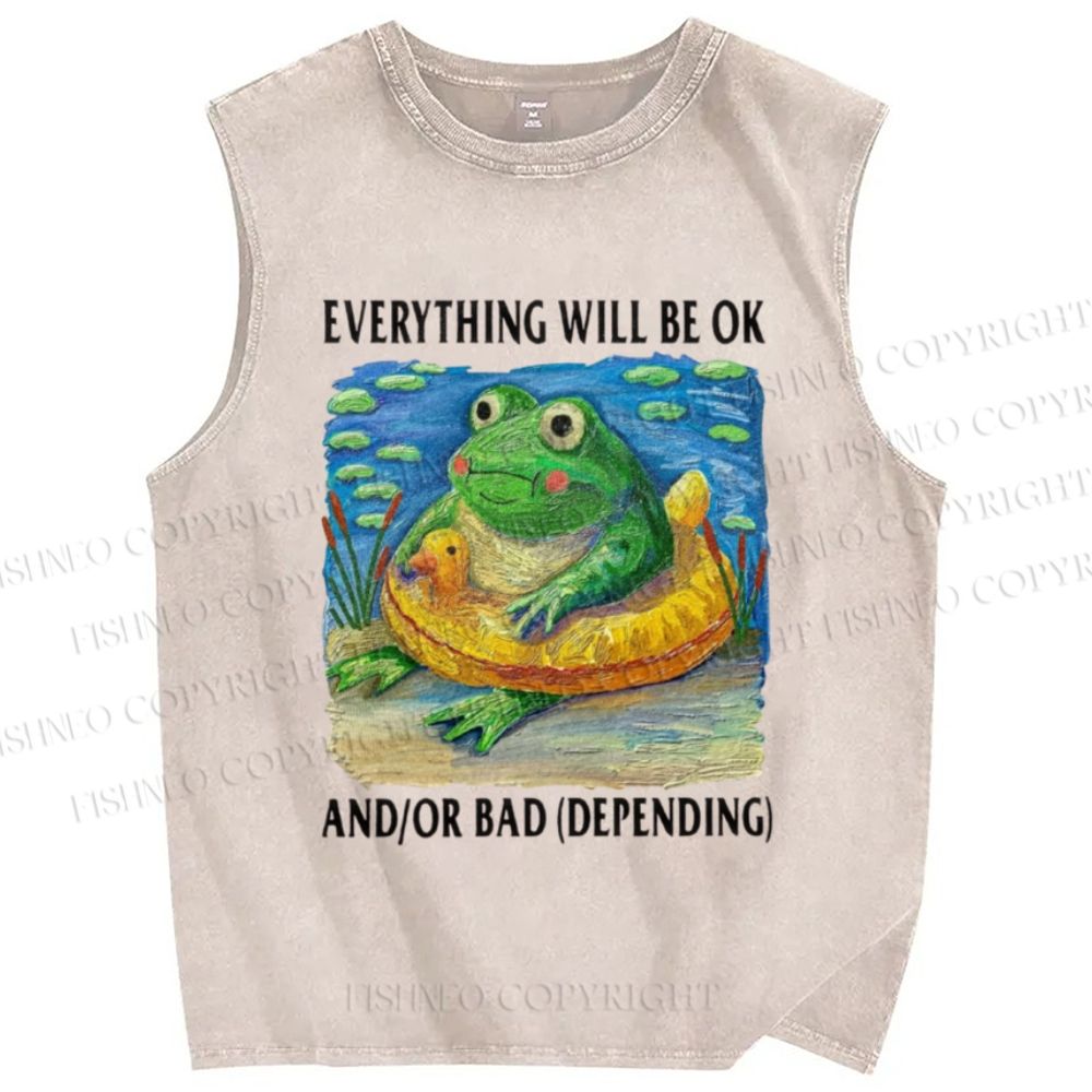Unisex Everything Will Be Ok Frog Printed Washed Tank Top