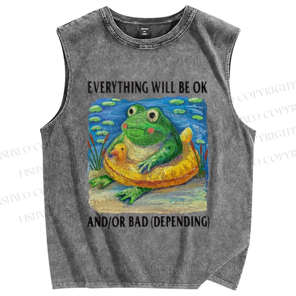 Unisex Everything Will Be Ok Frog Printed Washed Tank Top