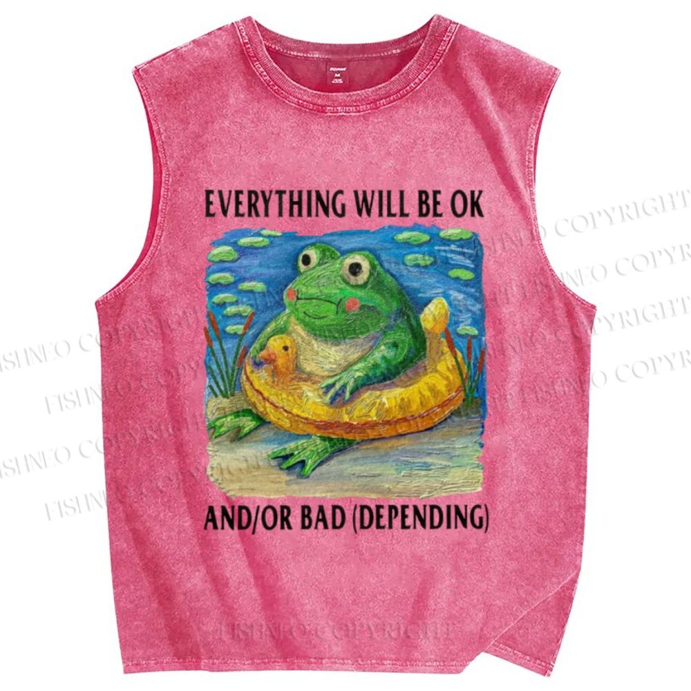 Unisex Everything Will Be Ok Frog Printed Washed Tank Top