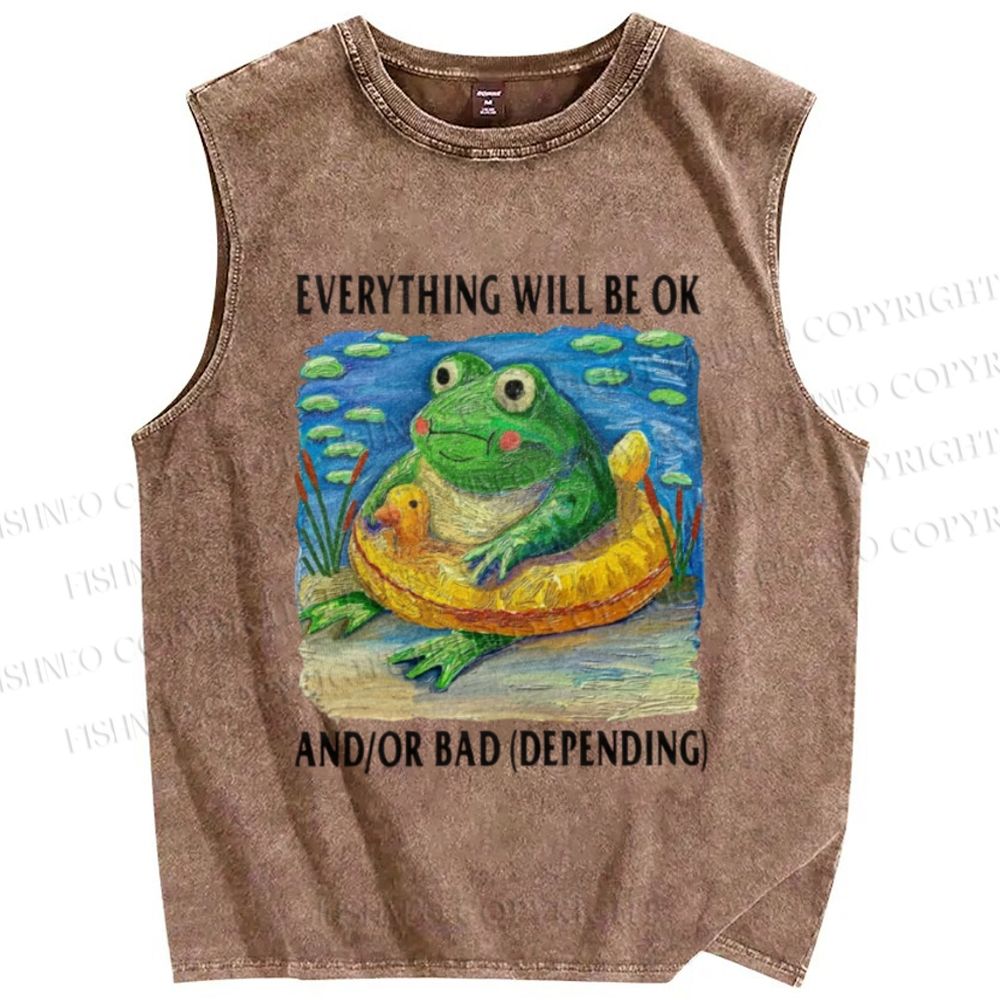 Unisex Everything Will Be Ok Frog Printed Washed Tank Top