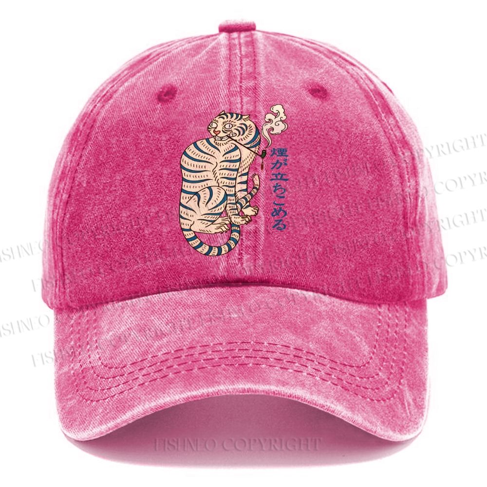 Unisex Japanese Tiger Smoking Vintage Casual Washed Cap