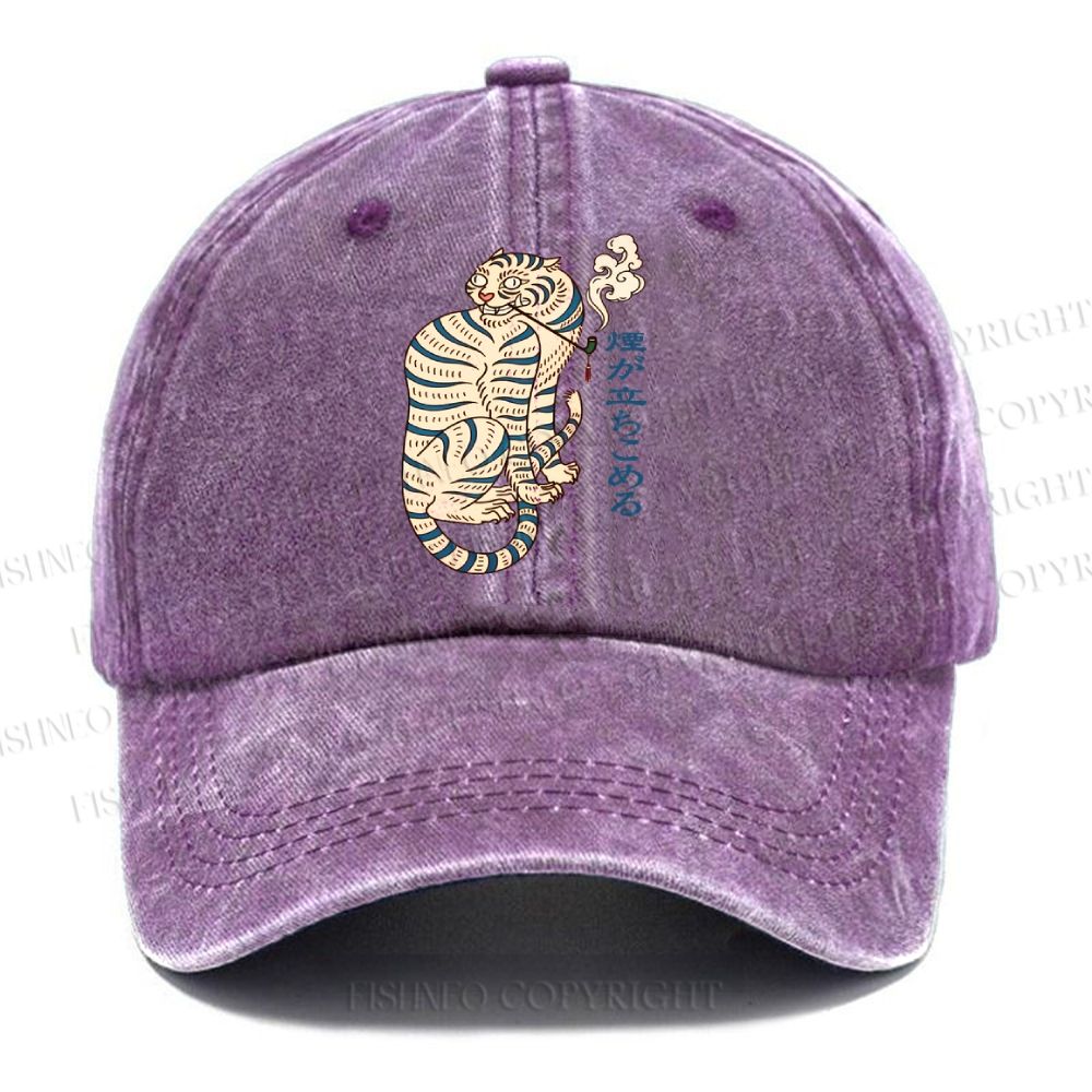Unisex Japanese Tiger Smoking Vintage Casual Washed Cap
