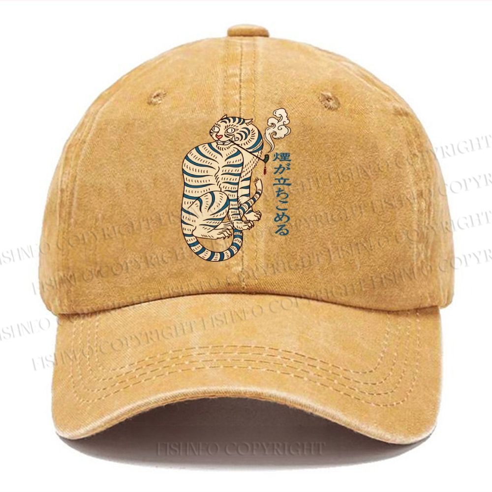 Unisex Japanese Tiger Smoking Vintage Casual Washed Cap