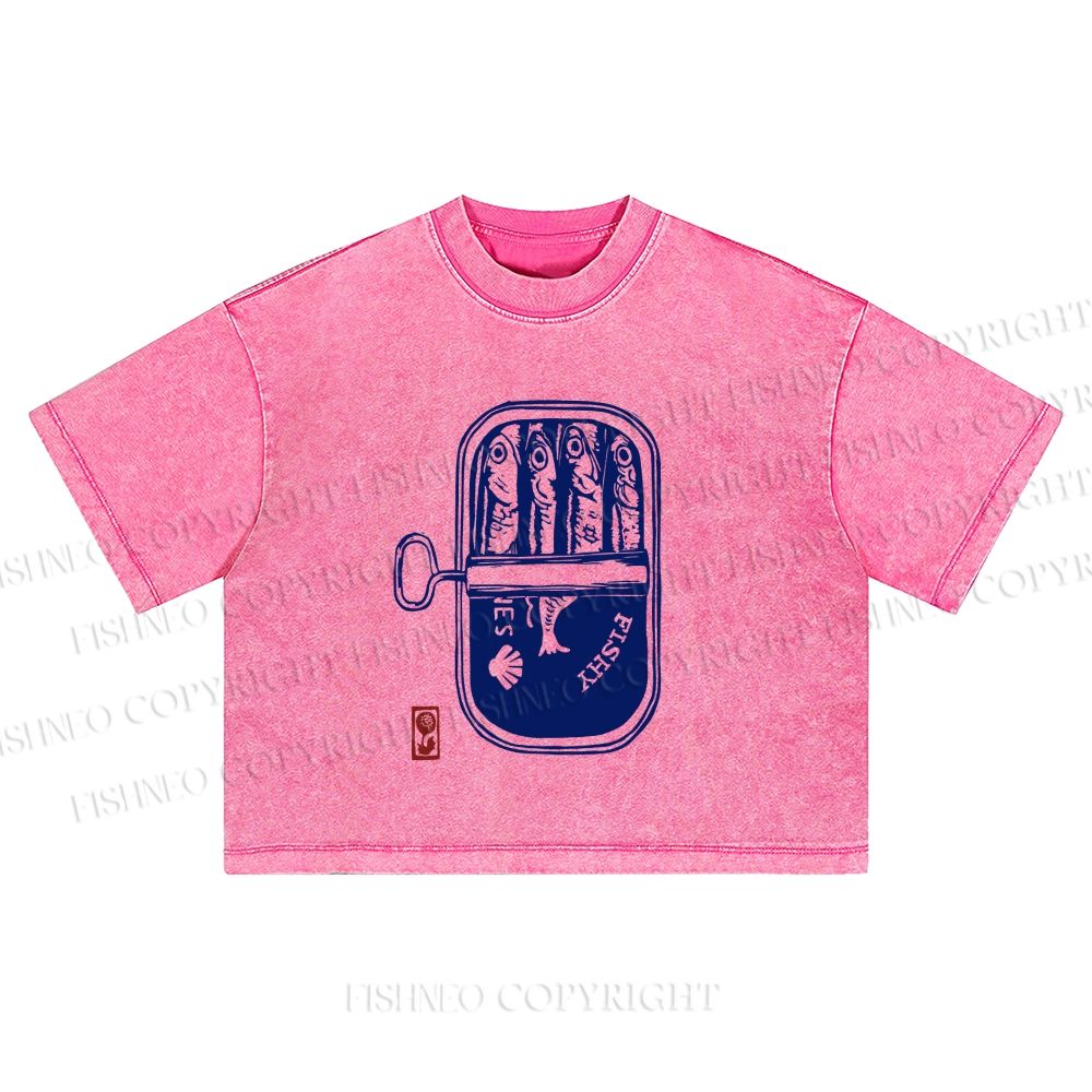 Vintage Sardine Fish Can Washed Cropped T-Shirt