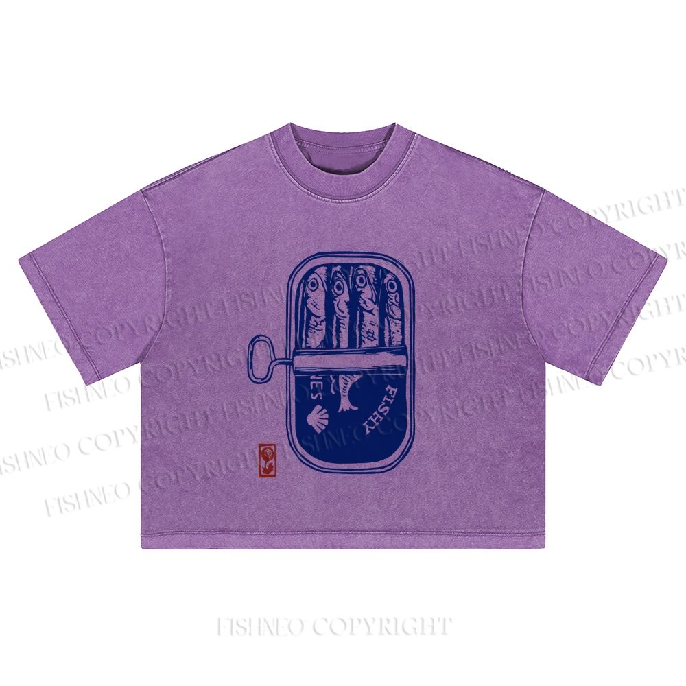 Vintage Sardine Fish Can Washed Cropped T-Shirt