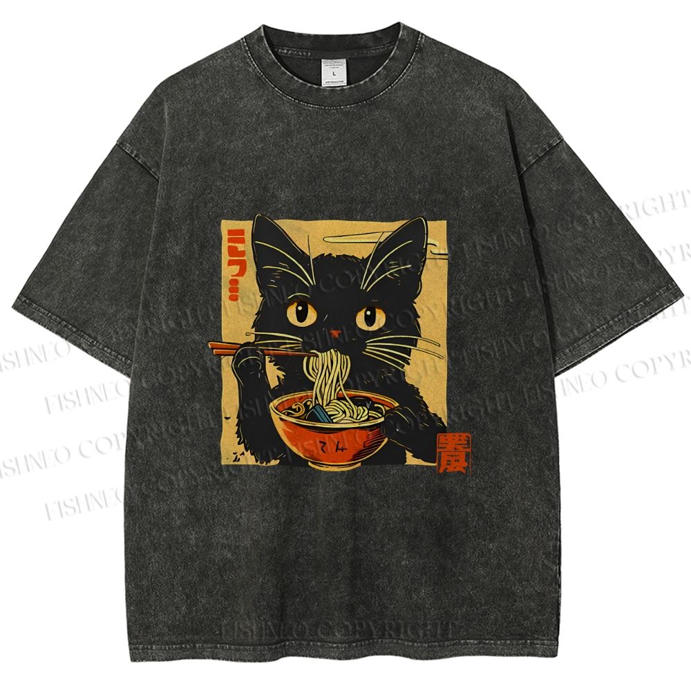 Unisex Lamian Noodles and Black Cat Vintage Printed Washed Tee