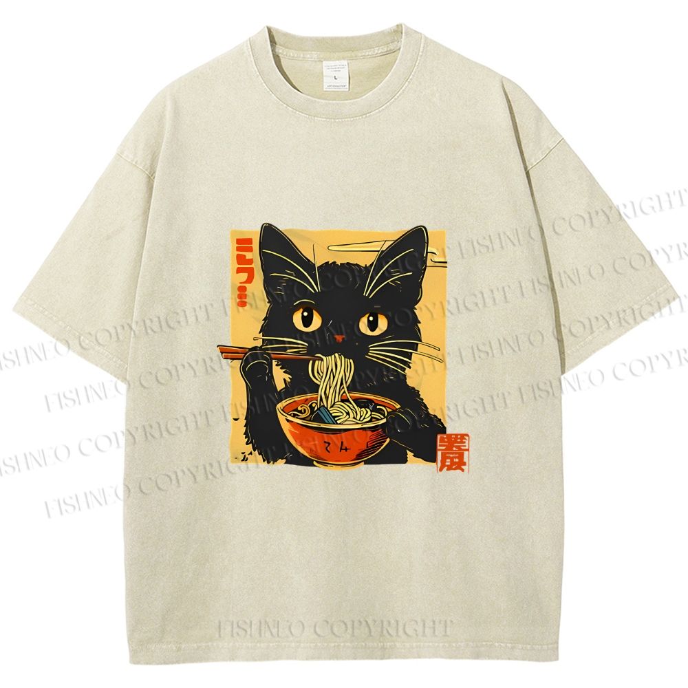 Unisex Lamian Noodles and Black Cat Vintage Printed Washed Tee