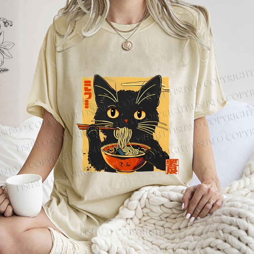 Unisex Lamian Noodles and Black Cat Vintage Printed Washed Tee