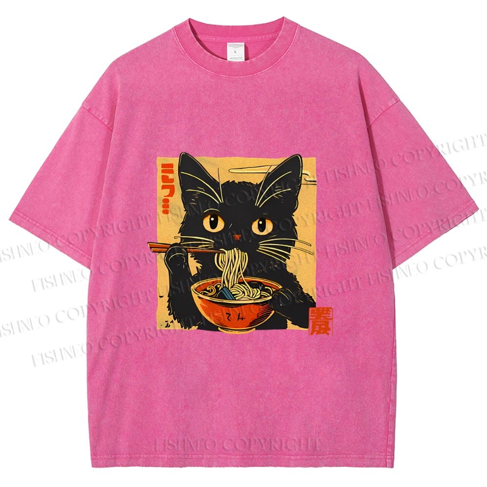 Unisex Lamian Noodles and Black Cat Vintage Printed Washed Tee