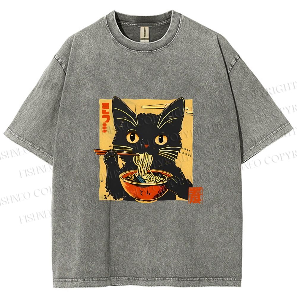 Unisex Lamian Noodles and Black Cat Vintage Printed Washed Tee
