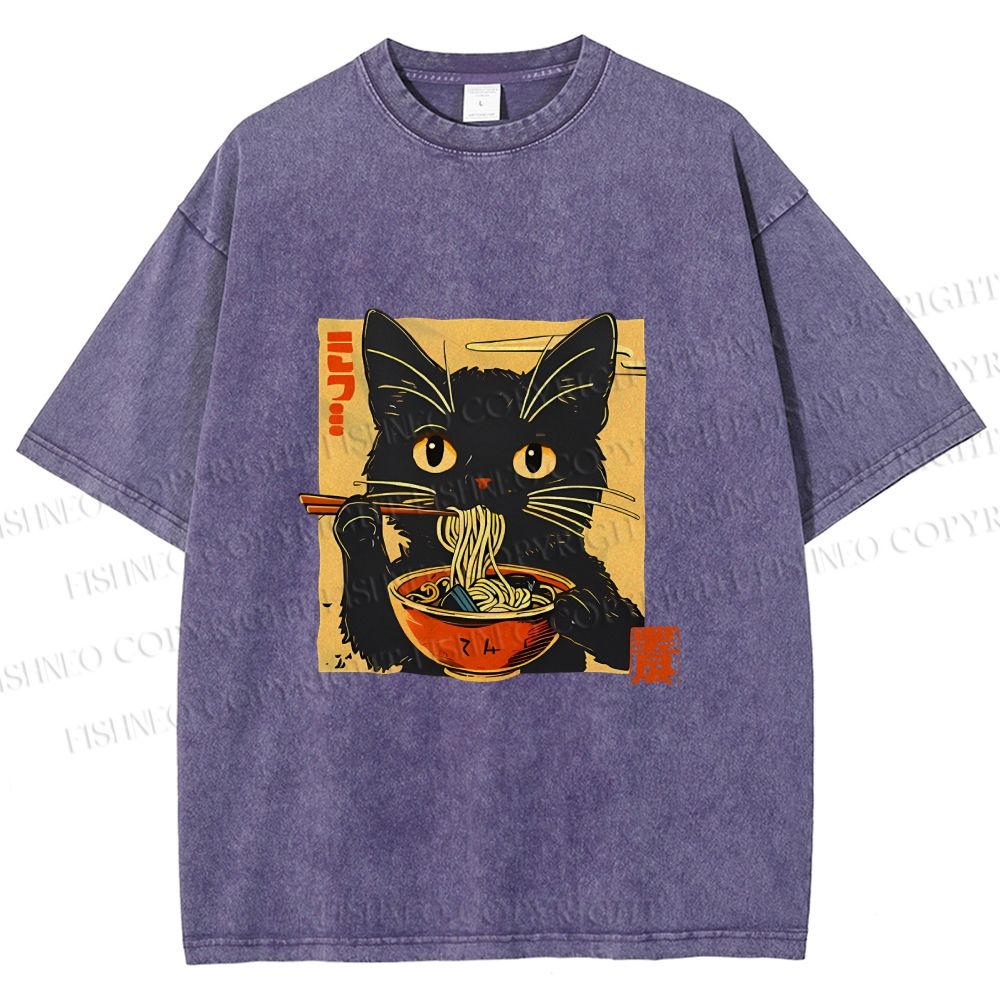 Unisex Lamian Noodles and Black Cat Vintage Printed Washed Tee