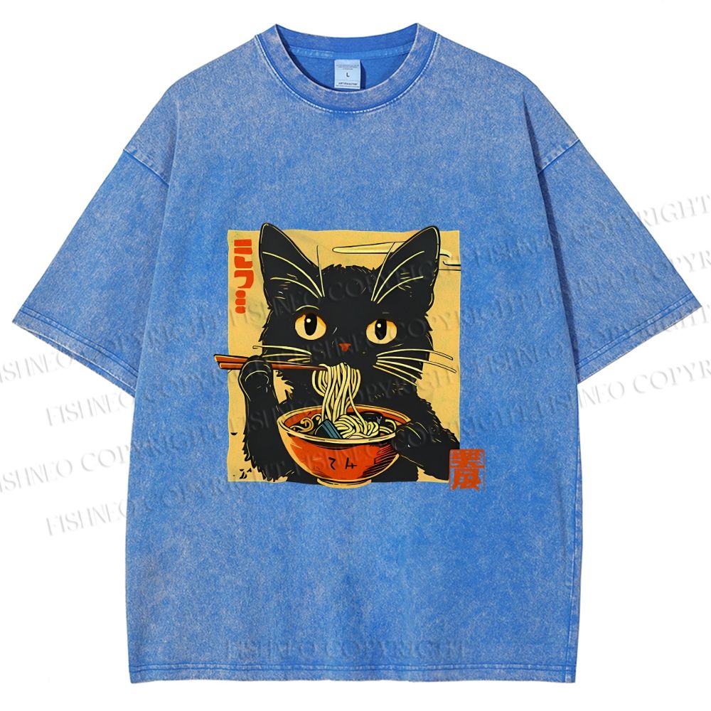 Unisex Lamian Noodles and Black Cat Vintage Printed Washed Tee