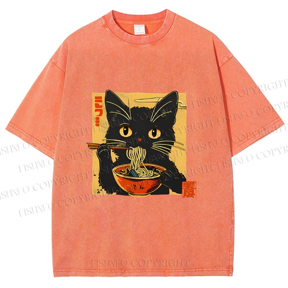 Unisex Lamian Noodles and Black Cat Vintage Printed Washed Tee