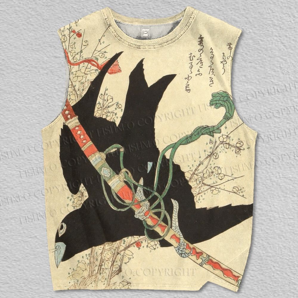 Unisex Japanese Woodblock Crow And Sword Printed Tank Top