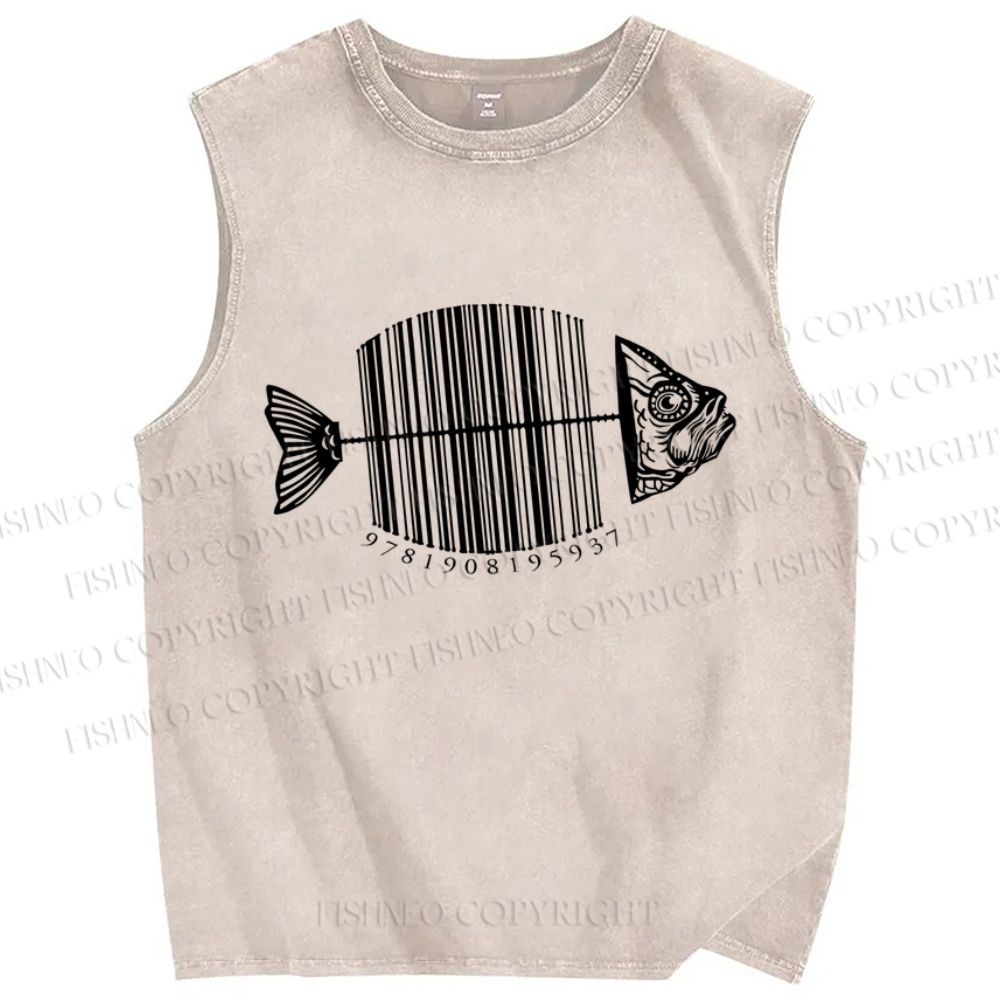 Unisex Striped Fish Printed Washed Tank Top