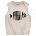 Unisex Striped Fish Printed Washed Tank Top