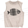 Unisex Striped Fish Printed Washed Tank Top