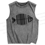 Unisex Striped Fish Printed Washed Tank Top