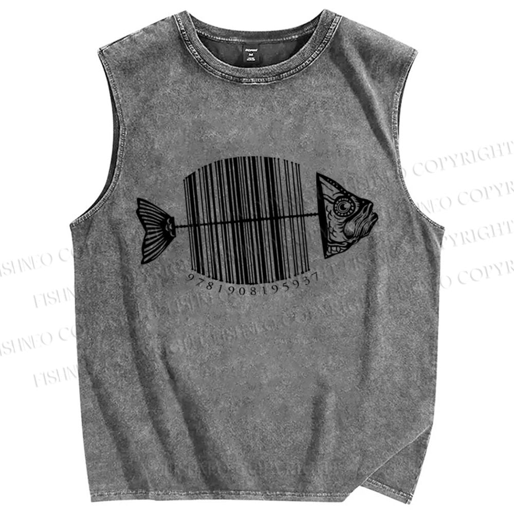 Unisex Striped Fish Printed Washed Tank Top