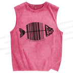 Unisex Striped Fish Printed Washed Tank Top