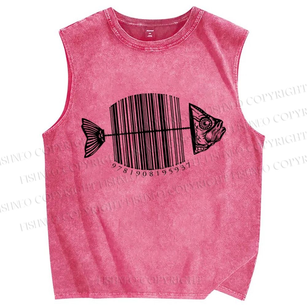 Unisex Striped Fish Printed Washed Tank Top