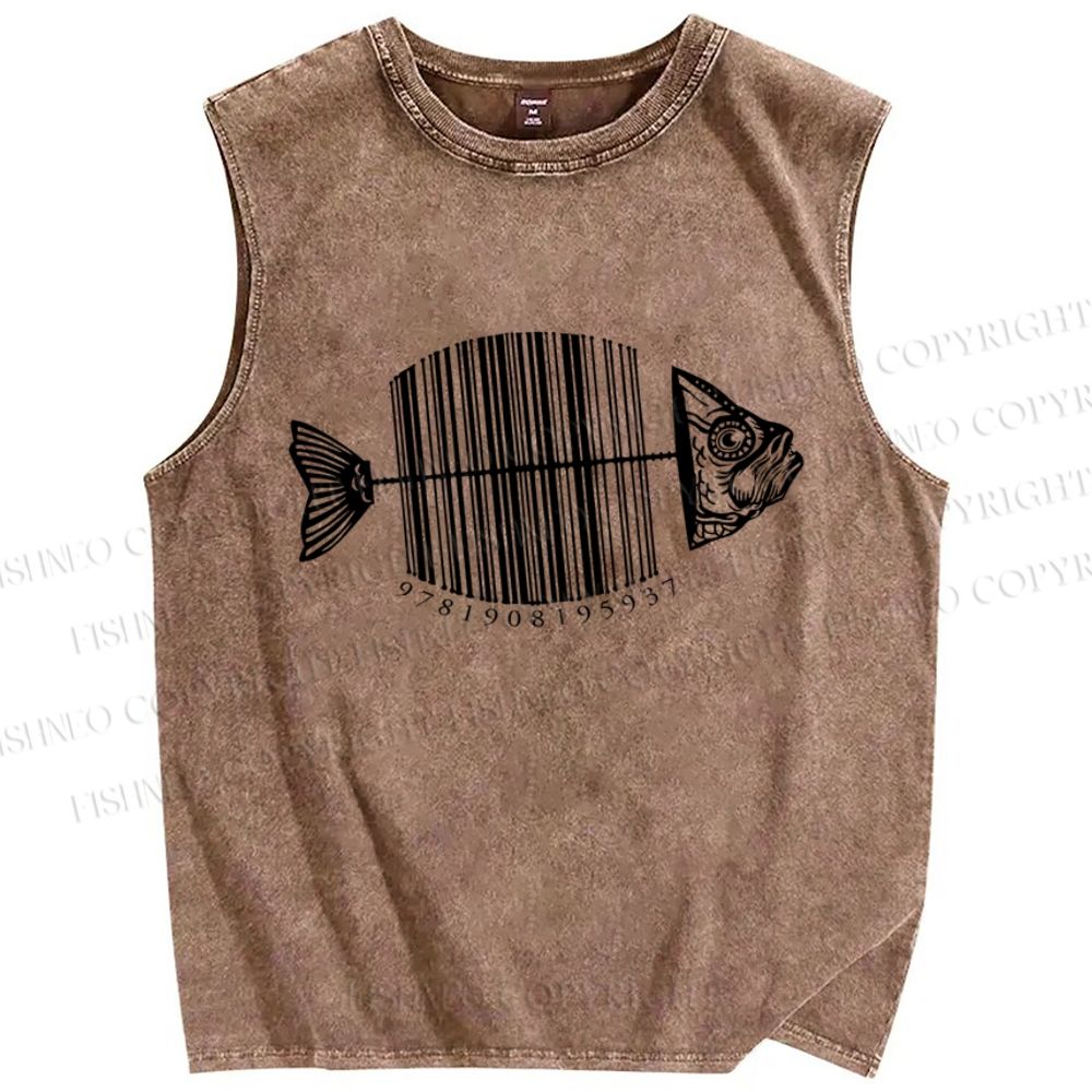 Unisex Striped Fish Printed Washed Tank Top