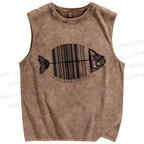 Unisex Striped Fish Printed Washed Tank Top