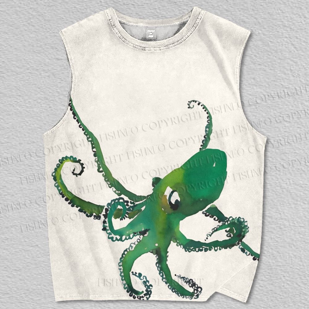 Unisex Vintage Green Octopus Printed Tank Top