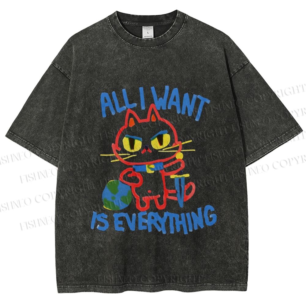 Unisex Cartoon Cat Want Everything Printed Washed Tee