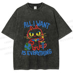 Unisex Cartoon Cat Want Everything Printed Washed Tee